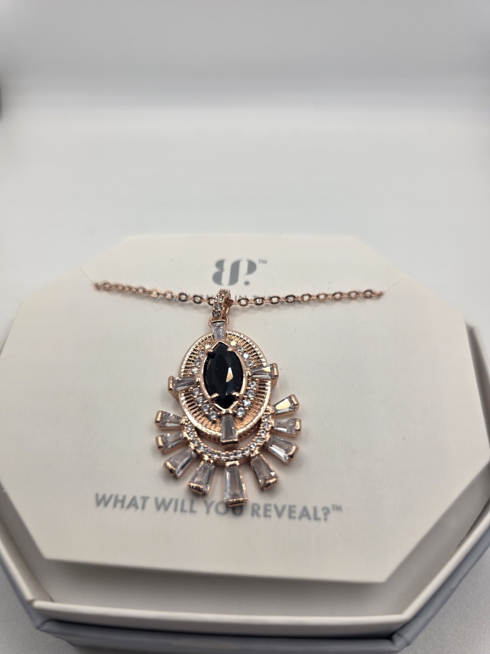 BombParty Rose Gold Cleo Necklace with Black Center Stone